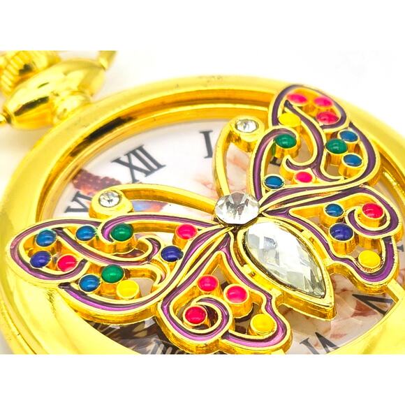 Jewel Butterfly Pocket Watch – Vibrant Crystals, Gold Finish, Fashion Accessory - Picture 9 of 11
